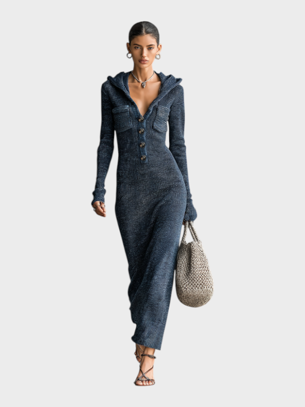 Akesha – Langes tailliertes Damenkleid mit Kapuze – Ansicht 2