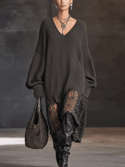 Vannesa – Gestricktes Midikleid mit V-Ausschnitt und Mesh-Ärmeln – Ansicht 2