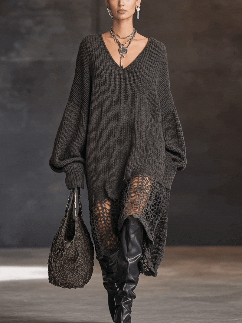 Vannesa – Gestricktes Midikleid mit V-Ausschnitt und Mesh-Ärmeln – Ansicht 2
