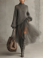 Cassie – Graues Maxikleid aus Mohair mit Tülleinsätzen – Ansicht 2
