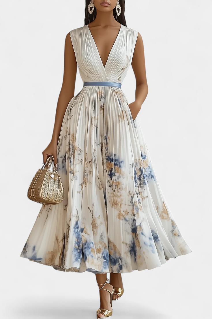 Elise – Ärmelloses plissiertes Midikleid für Damen mit Blumenmuster