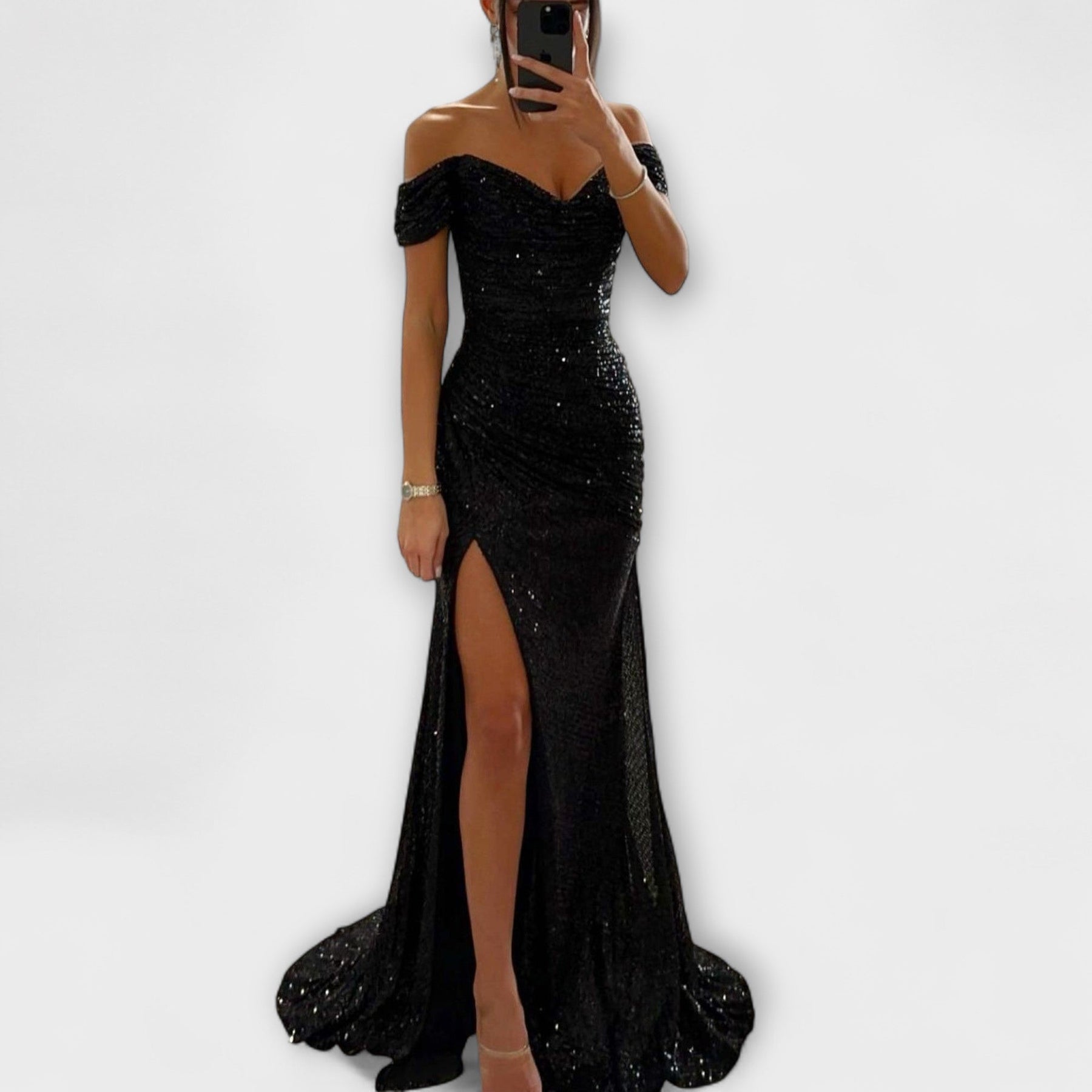 Trägerloses Abend-Maxikleid für Damen mit Glitzer und Schlitz – Ansicht 5