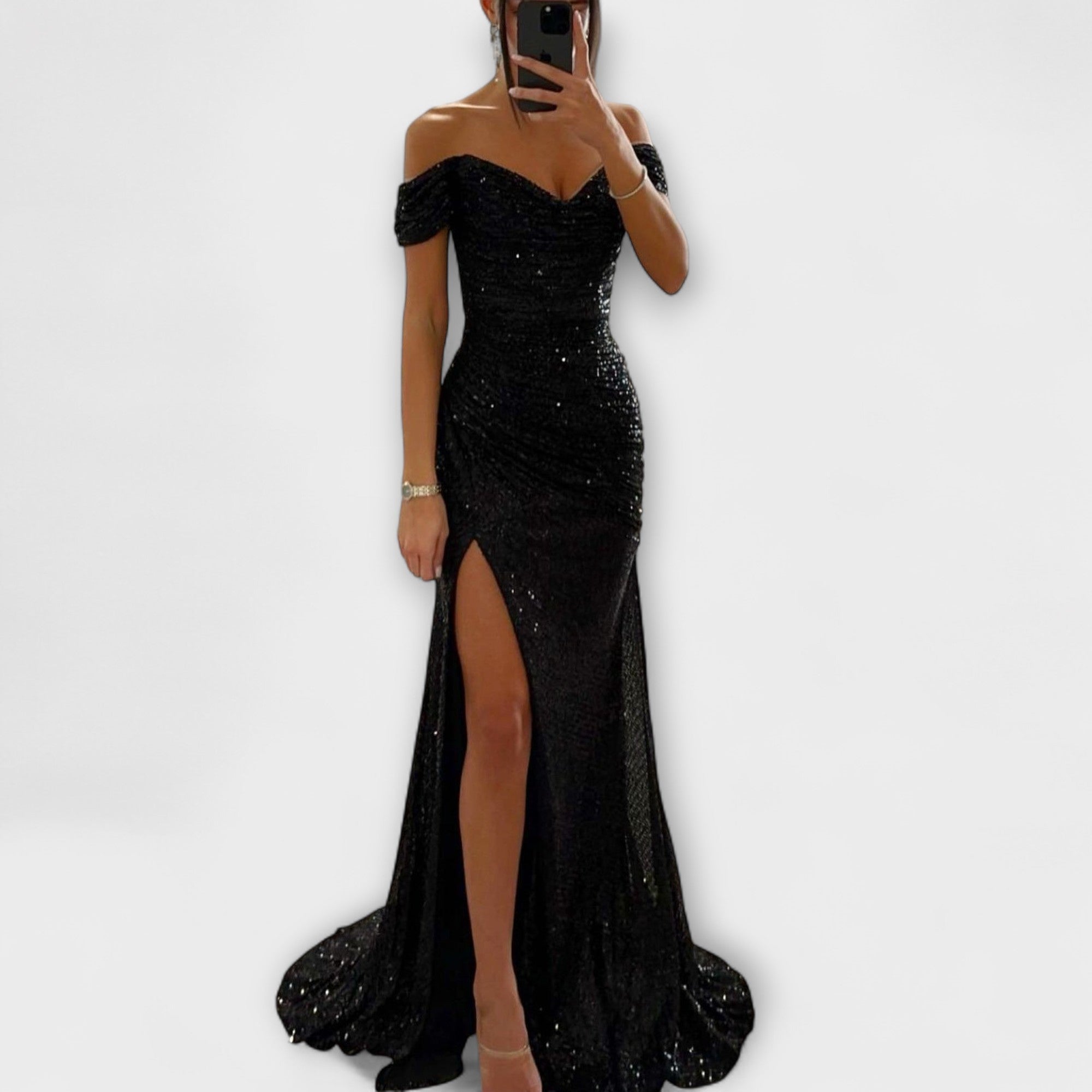 Sommerliches Abendkleid – trägerloses Maxikleid mit Glitzer und Rüschen für Hochzeiten und Partys