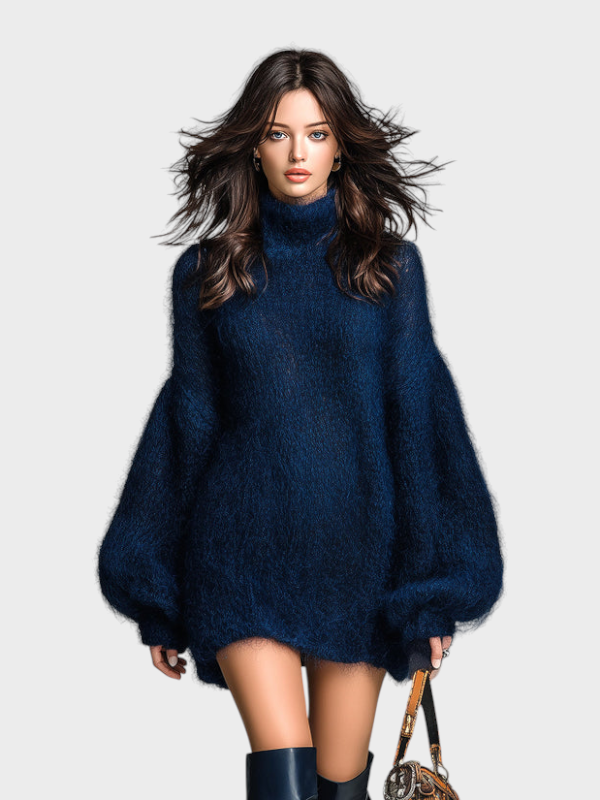 Franziska – Marineblaues Strick-Minikleid aus Mohair mit Stehkragen – Ansicht 8