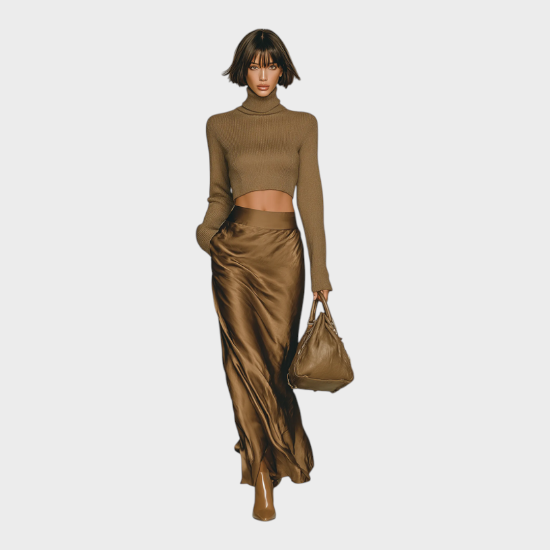Damen-Set Amisha mit goldbraunem Pullover und Satinrock