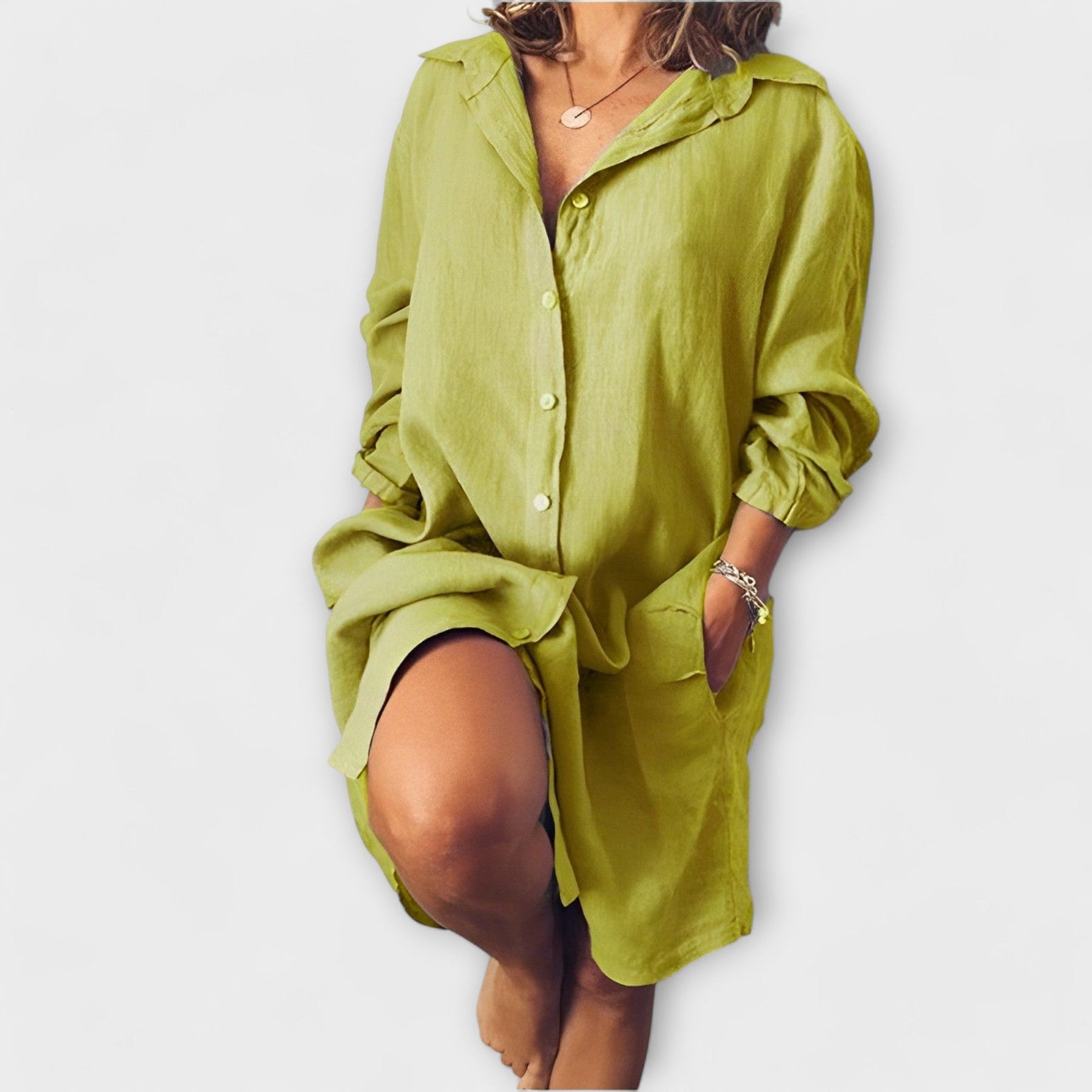 Lässige Damen-Leinenbluse mit Kragen und Tasche – Ansicht 5