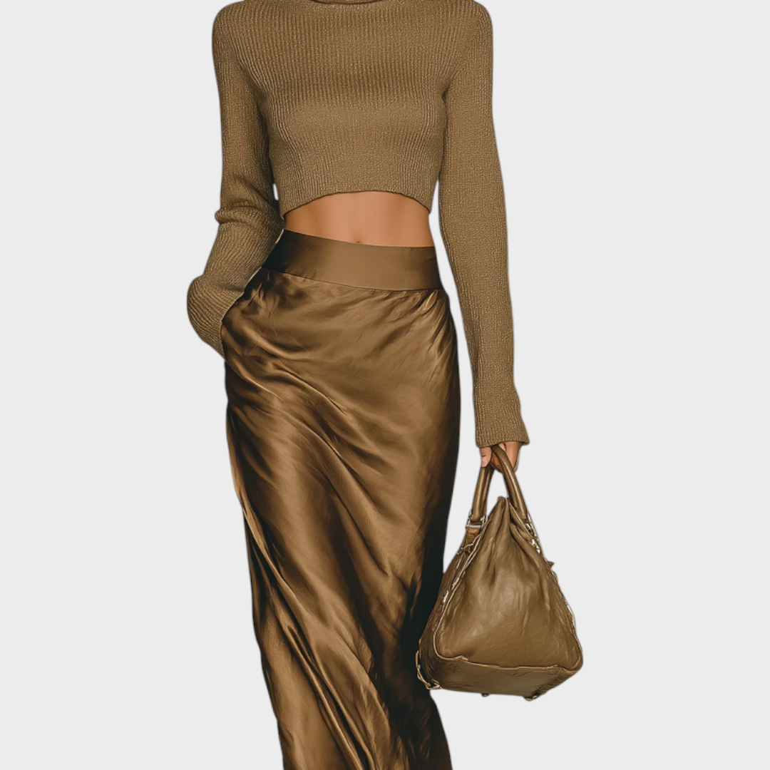 Damen-Set Amisha mit goldbraunem Pullover und Satinrock – Ansicht 4