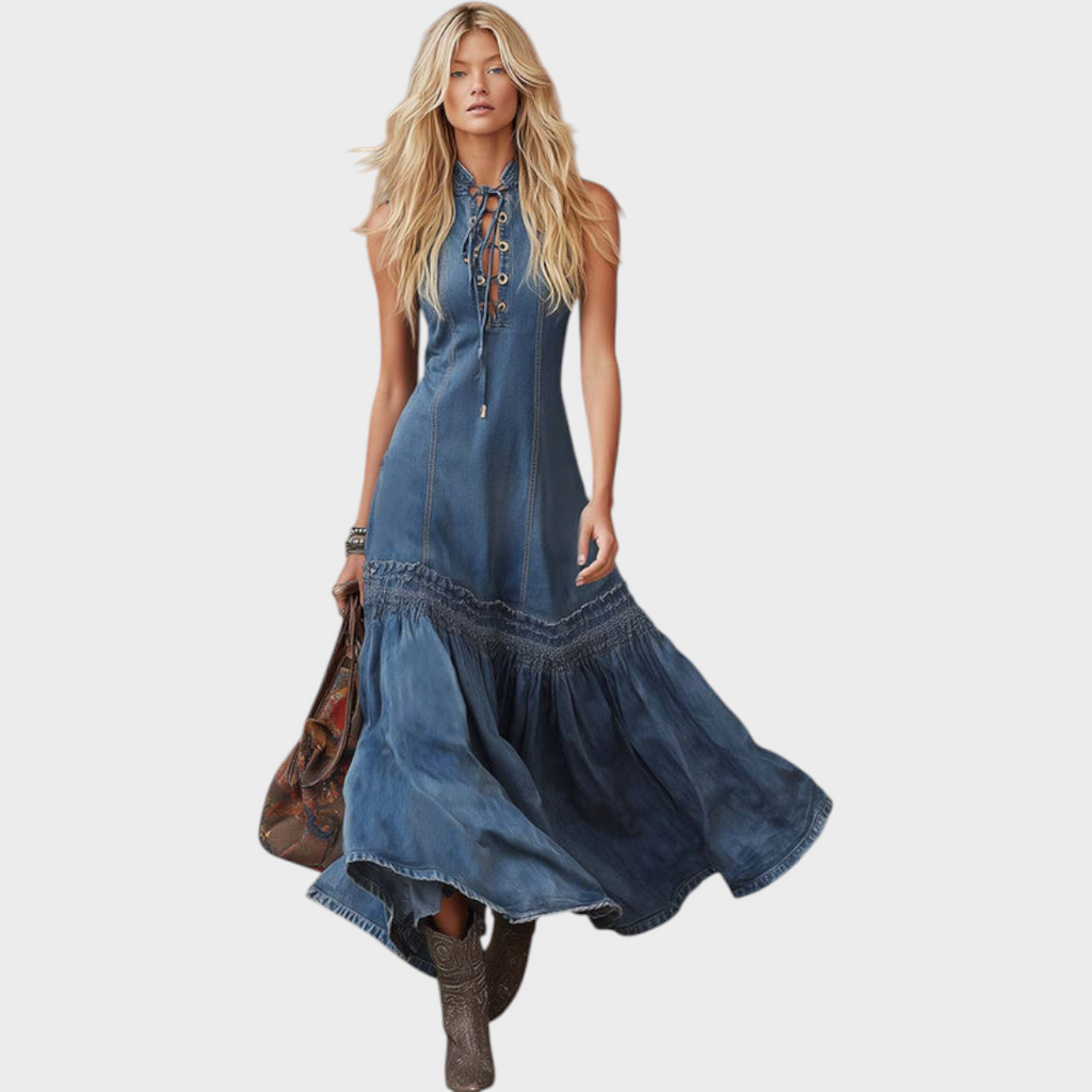 Estrella | Elegantes Retro-Maxikleid im Western-Stil mit Bindekragen und Ballonrock aus blauem Denim