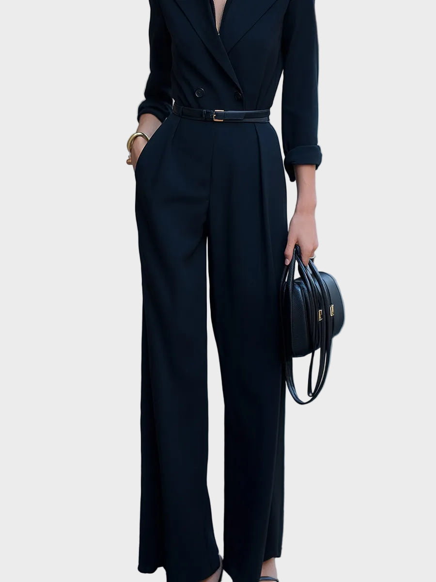 Jemimah – Schwarzer Damen-Wickeljumpsuit mit Gürtel und weitem Bein – Ansicht 4