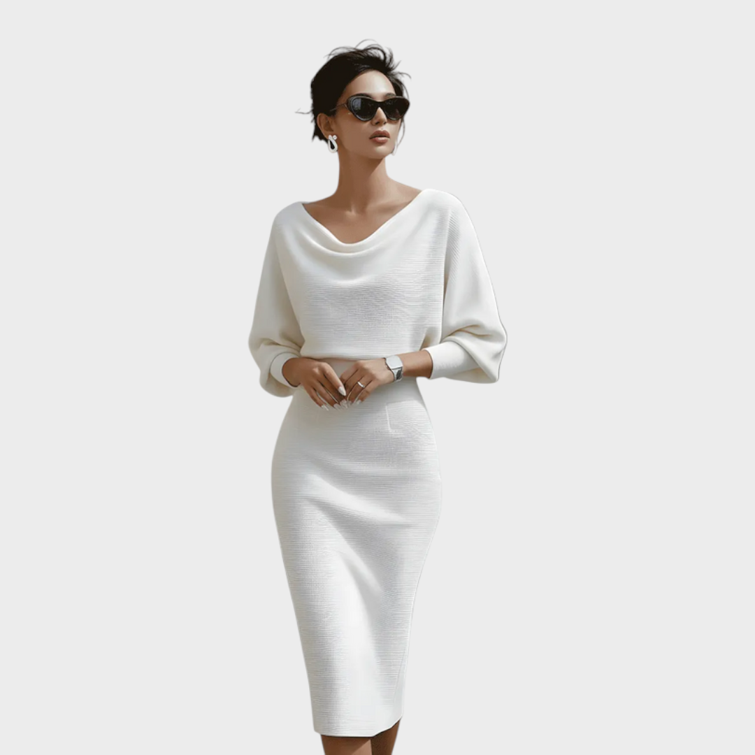 Janna – Weißes Satin-Midikleid mit Fledermausärmeln