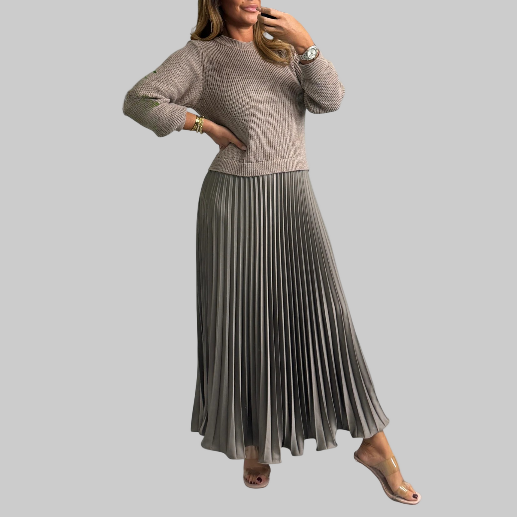 Claudia – Damen-Maxikleid mit Pullover und Plisseerock – Ansicht 3