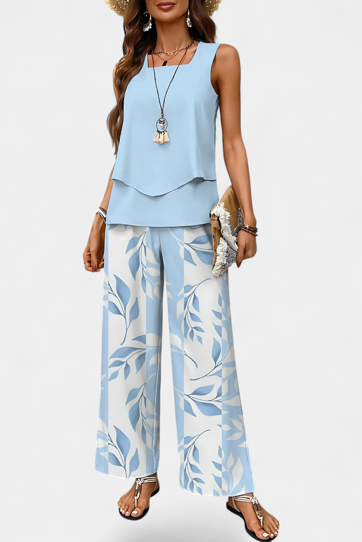 Martina – Elegantes Boho-Set für Damen mit ärmellosem Top und gemusterter gerader Hose