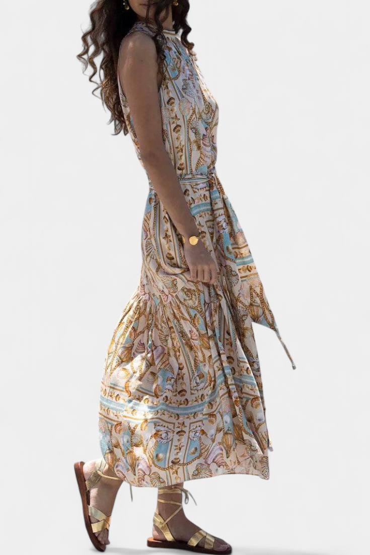 Teófila – Langes Seidenkleid für Damen mit maritimem Muster – Ansicht 2