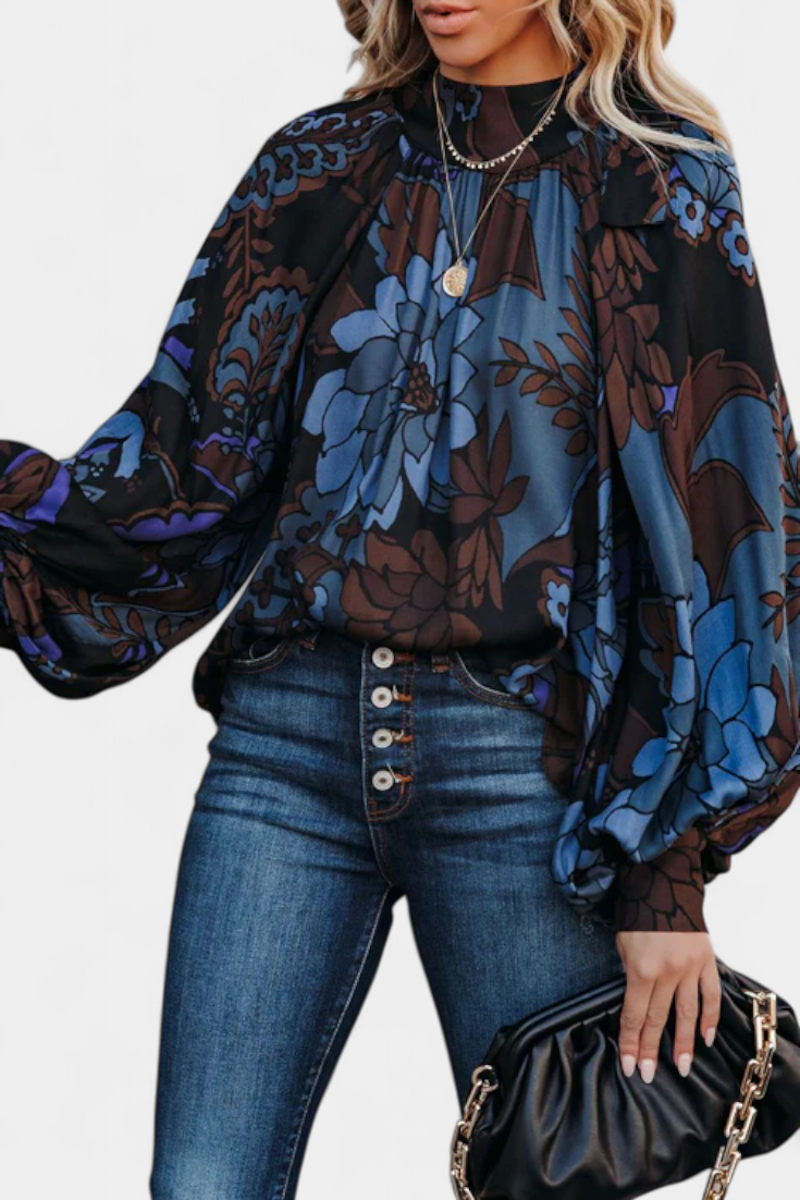 Langarm-Damenbluse Tulay mit buntem Print und Stehkragen – Ansicht 3