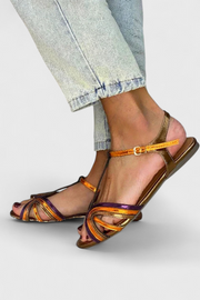 Goldene Damen-Sandalen Raluca mit farbigem Riemen und Schnalle