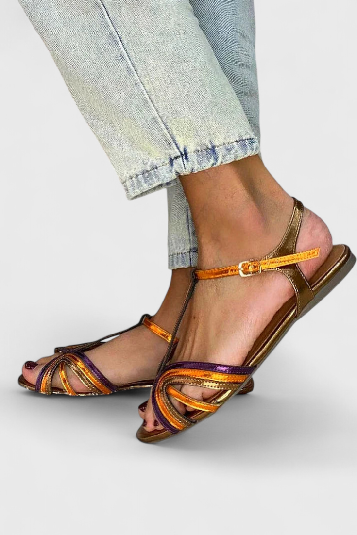 Goldene Damen-Sandalen Raluca mit farbigem Riemen und Schnalle