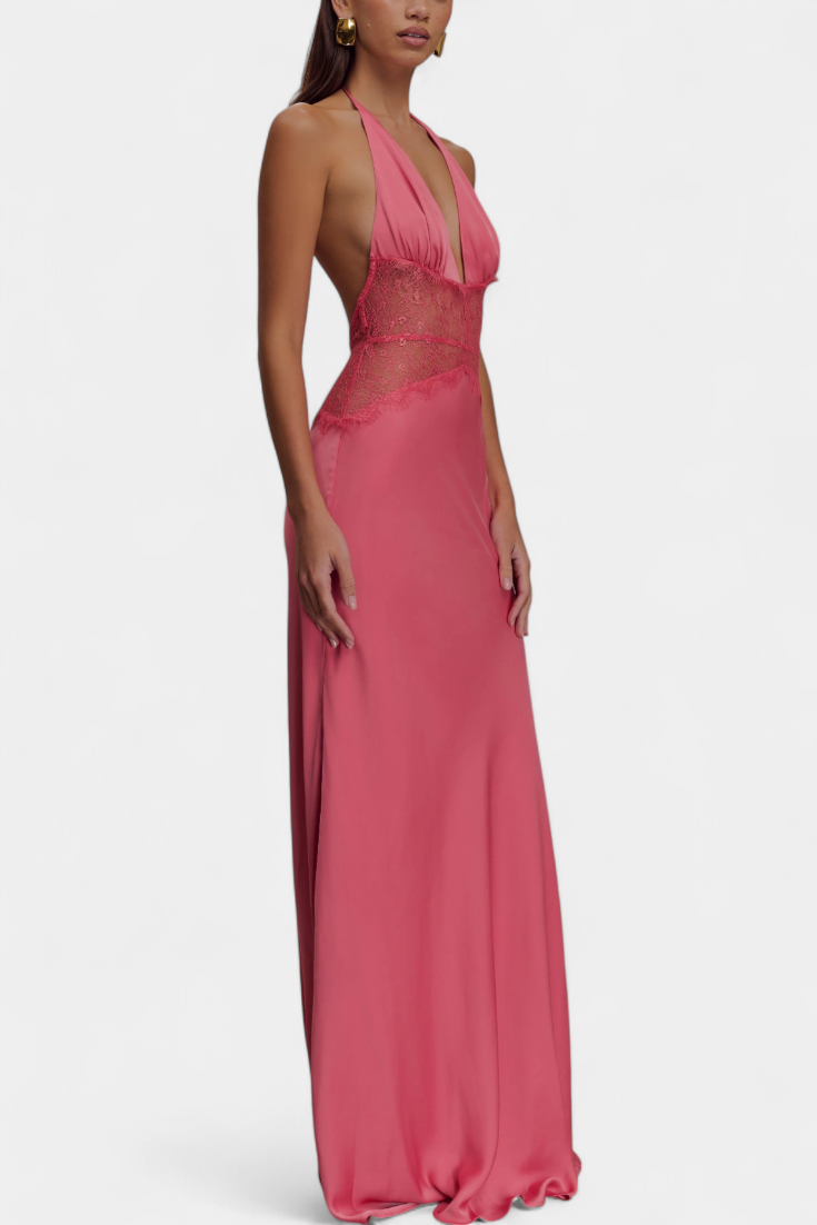 Ashanty – Langes Kleid für Damen mit Neckholder-Ausschnitt und Spitze – Ansicht 2