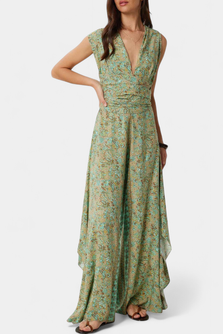 Leandra – Wickel-Jumpsuit für Damen mit Blumenmuster in Grün – Ansicht 3