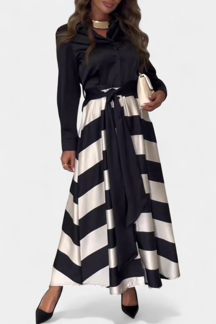 Langes Damen-Hemdblusenkleid Nessia mit Streifen und Gürtel – Ansicht 5