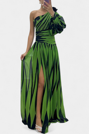 Langes gestreiftes One-Shoulder-Damenkleid Bethania – Ansicht 7