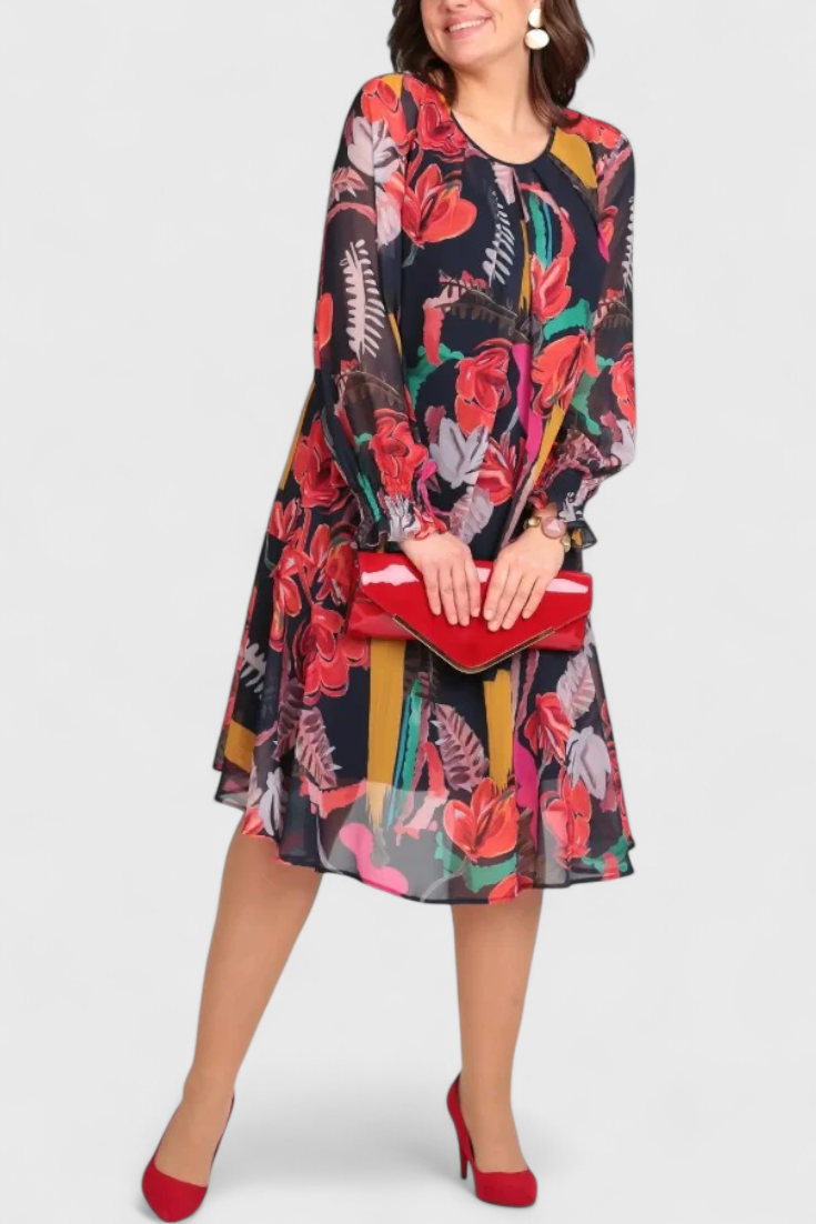 Annegret – Florales Midikleid für Damen mit langen Ärmeln