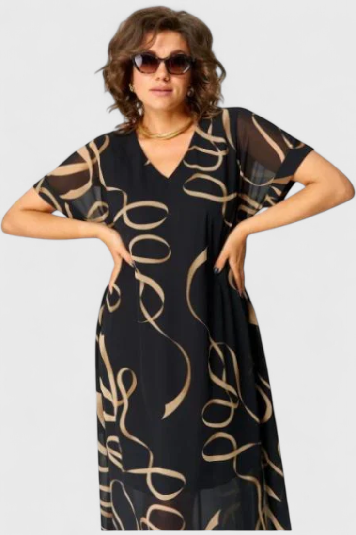 Jillian – Schwarzes Kaftankleid für Damen mit goldenem abstraktem Muster – Ansicht 5