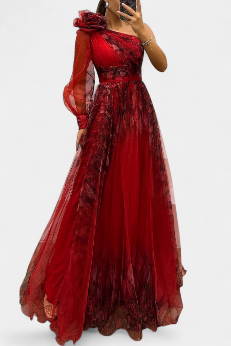 Becca – Schulterfreies Chiffon-Maxikleid für Damen mit Blüten-Detail – Ansicht 6