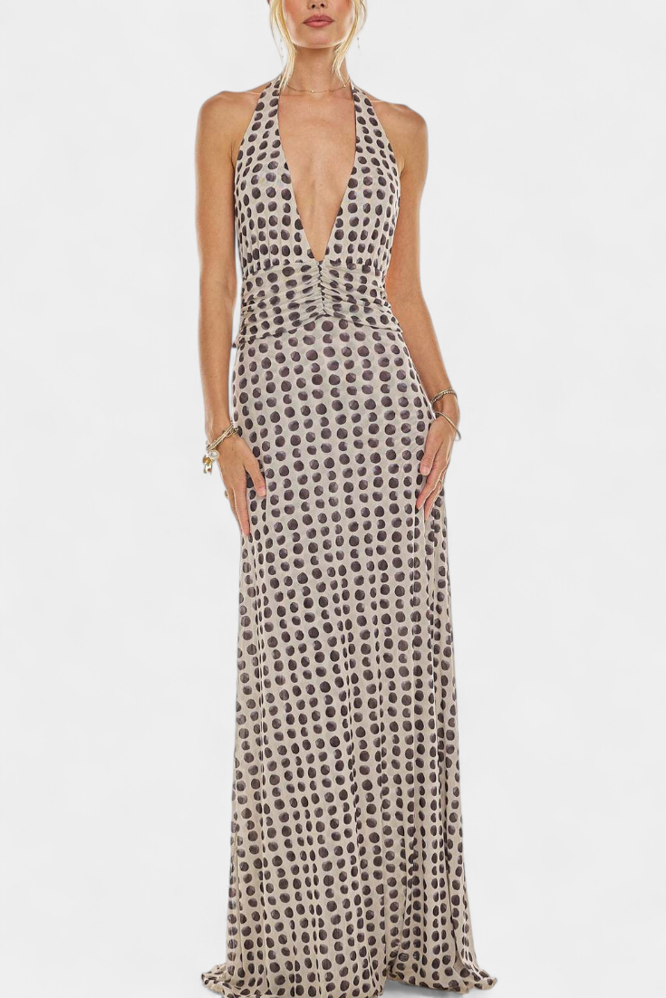 Melody – Maxikleid für Damen mit Punktemuster und tiefem Neckholder-Ausschnitt