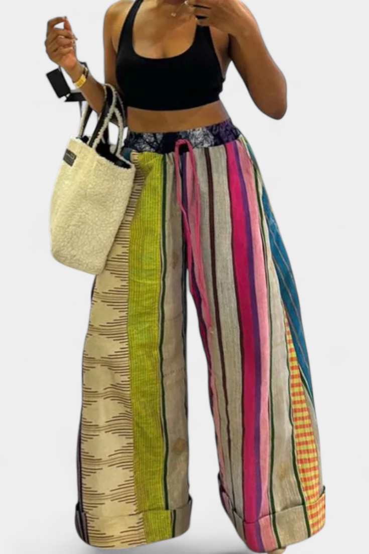 Gestreifte Damen-Freizeithose Claudine mit weitem Bein