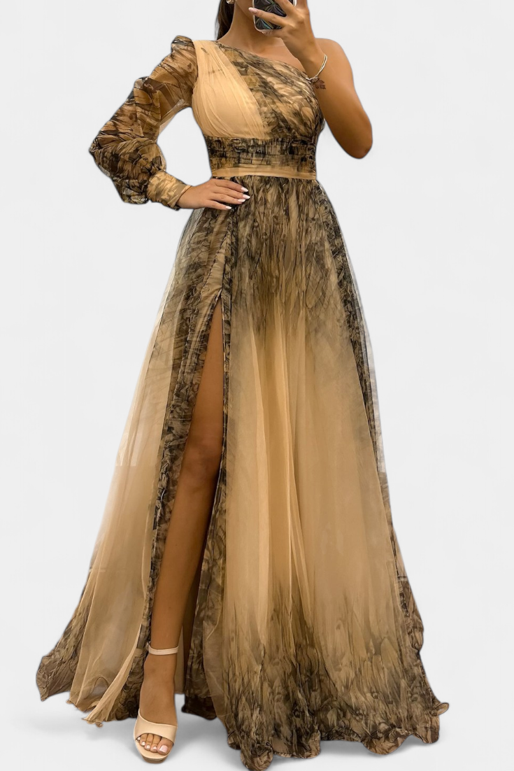 Becca – Schulterfreies Chiffon-Maxikleid für Damen mit Blüten-Detail
