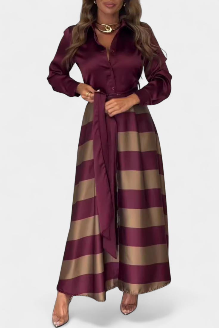 Langes Damen-Hemdblusenkleid Nessia mit Streifen und Gürtel