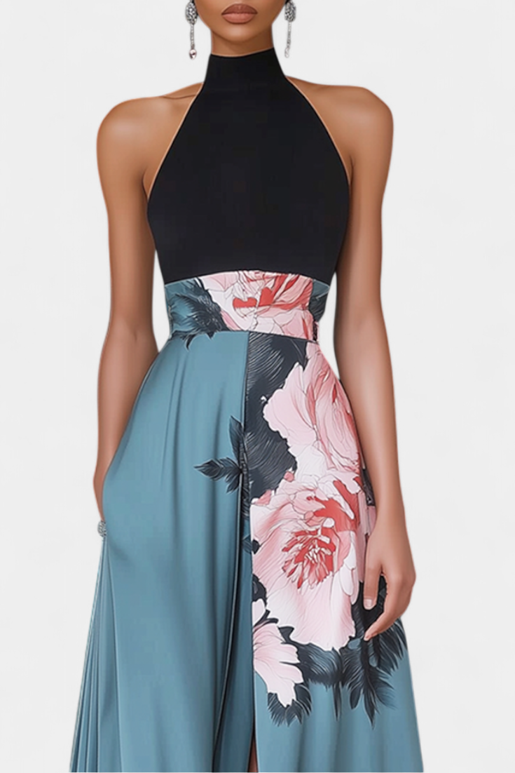 Radmila – Florales A-Linien-Kleid für Damen mit schwarzem Oberteil – Ansicht 2