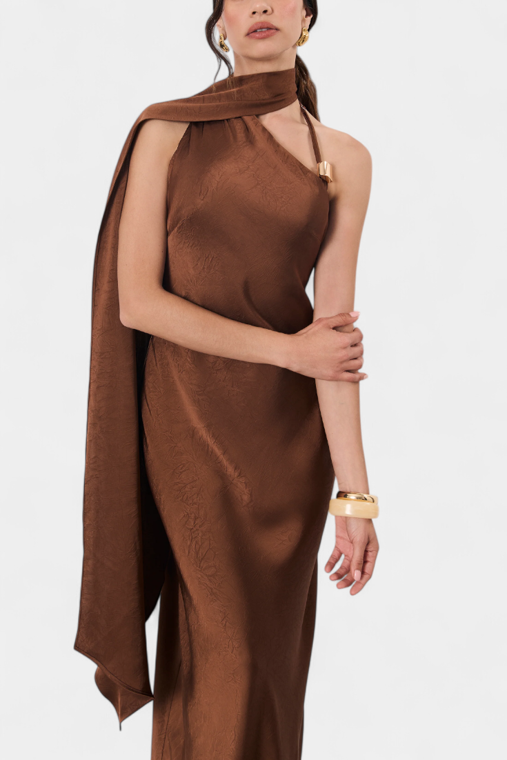 Langes asymmetrisches Damenkleid Robina in Bronze – Ansicht 2