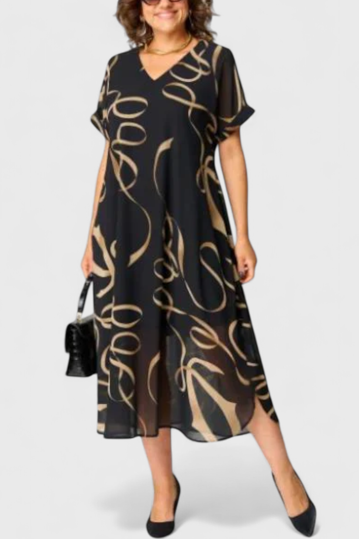Jillian – Schwarzes Kaftankleid für Damen mit goldenem abstraktem Muster – Ansicht 2