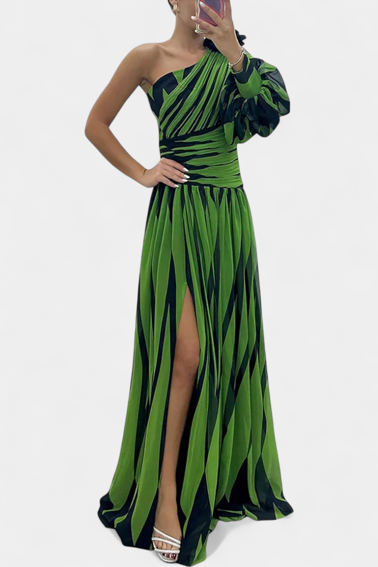 Langes gestreiftes One-Shoulder-Damenkleid Bethania – Ansicht 6