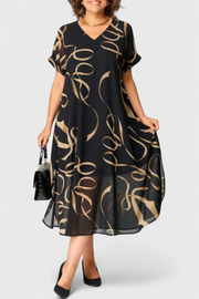 Jillian – Schwarzes Kaftankleid für Damen mit goldenem abstraktem Muster