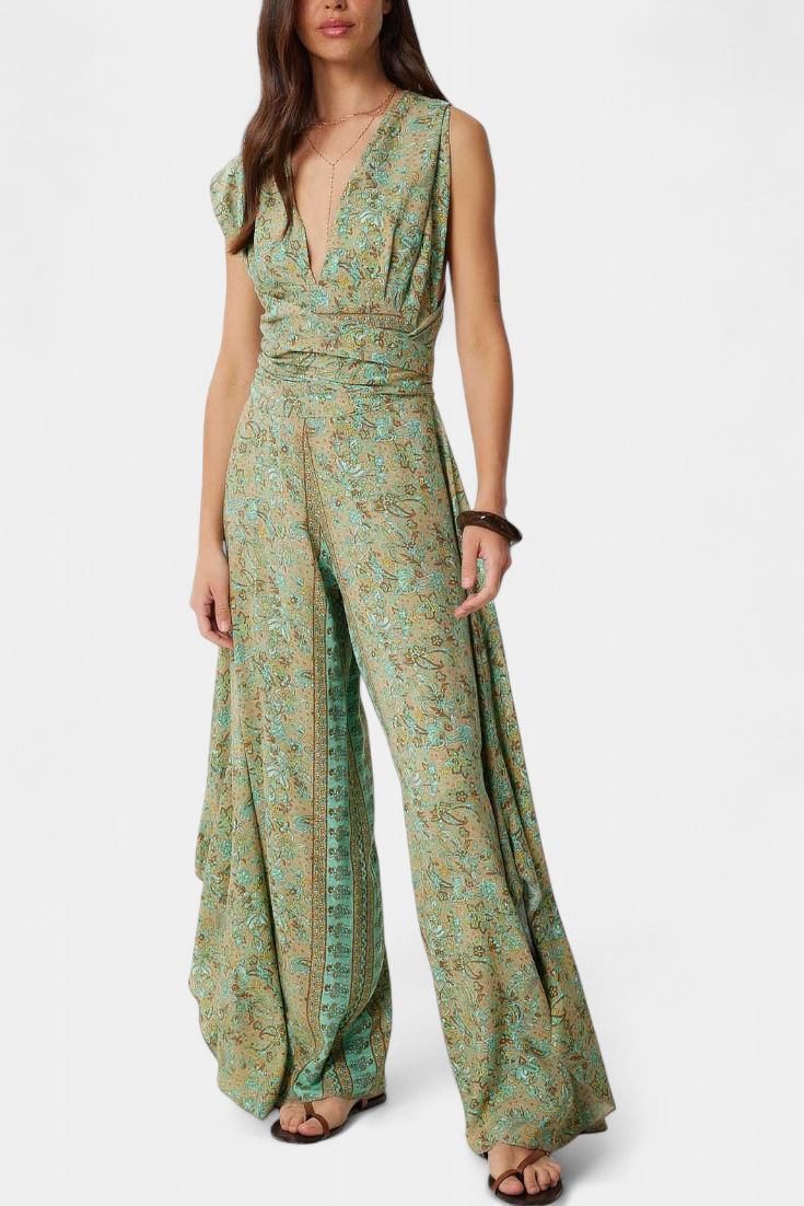 Leandra – Wickel-Jumpsuit für Damen mit Blumenmuster in Grün – Ansicht 4