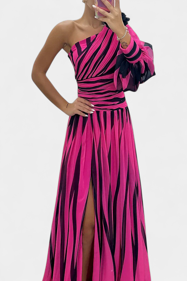 Langes gestreiftes One-Shoulder-Damenkleid Bethania – Ansicht 9