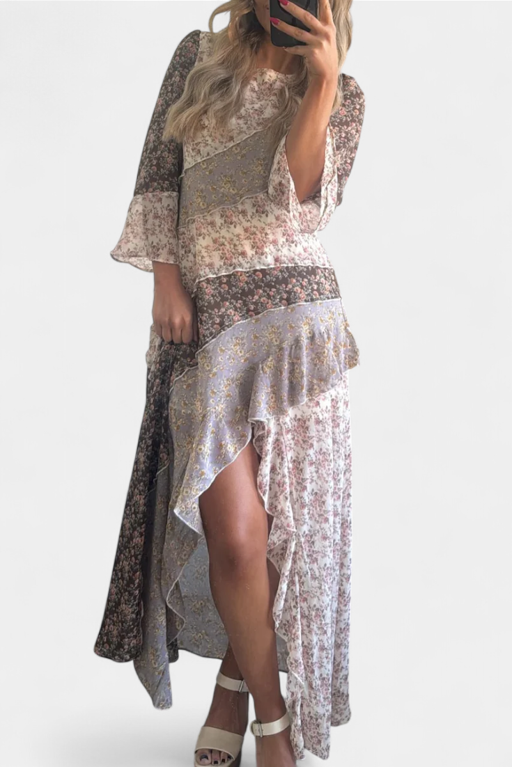 Ruth – Langes florales Kleid für Damen mit 3/4-Ärmeln und Rüschen – Ansicht 5