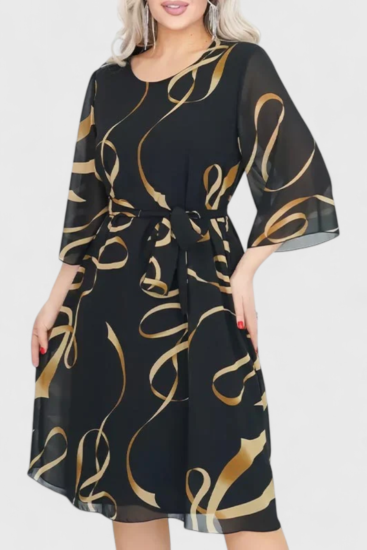 Amelie – Midikleid für Damen mit abstraktem Muster und Gürtel – Ansicht 2