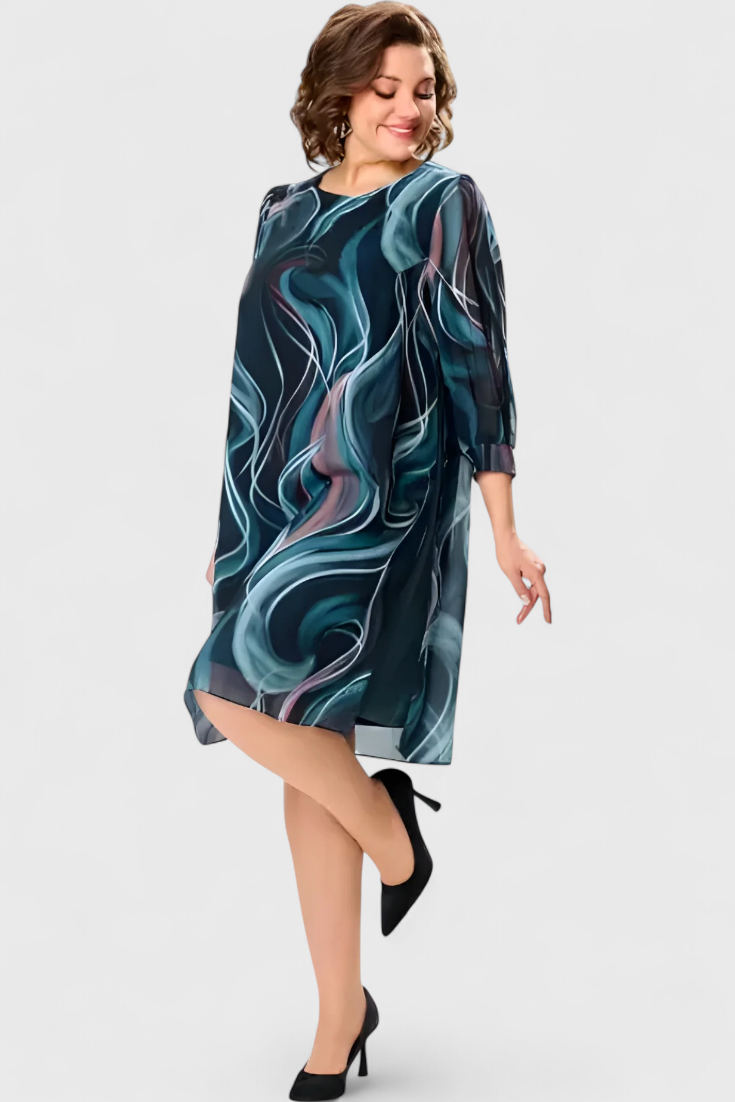 Almira – Chiffonkleid für Damen mit maritimem Muster und fließender Linie – Ansicht 3