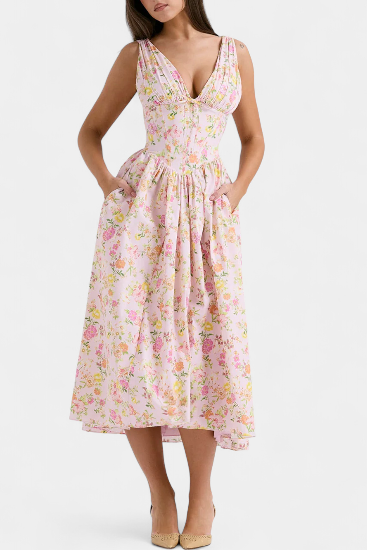 Margie – Midikleid für Damen mit V-Ausschnitt und Blumenmuster – Ansicht 3