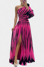 Langes gestreiftes One-Shoulder-Damenkleid Bethania – Ansicht 8