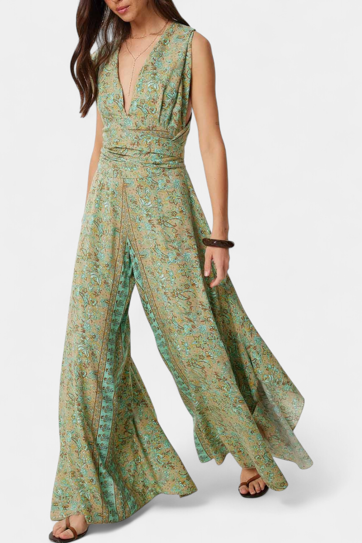 Leandra – Wickel-Jumpsuit für Damen mit Blumenmuster in Grün – Ansicht 5