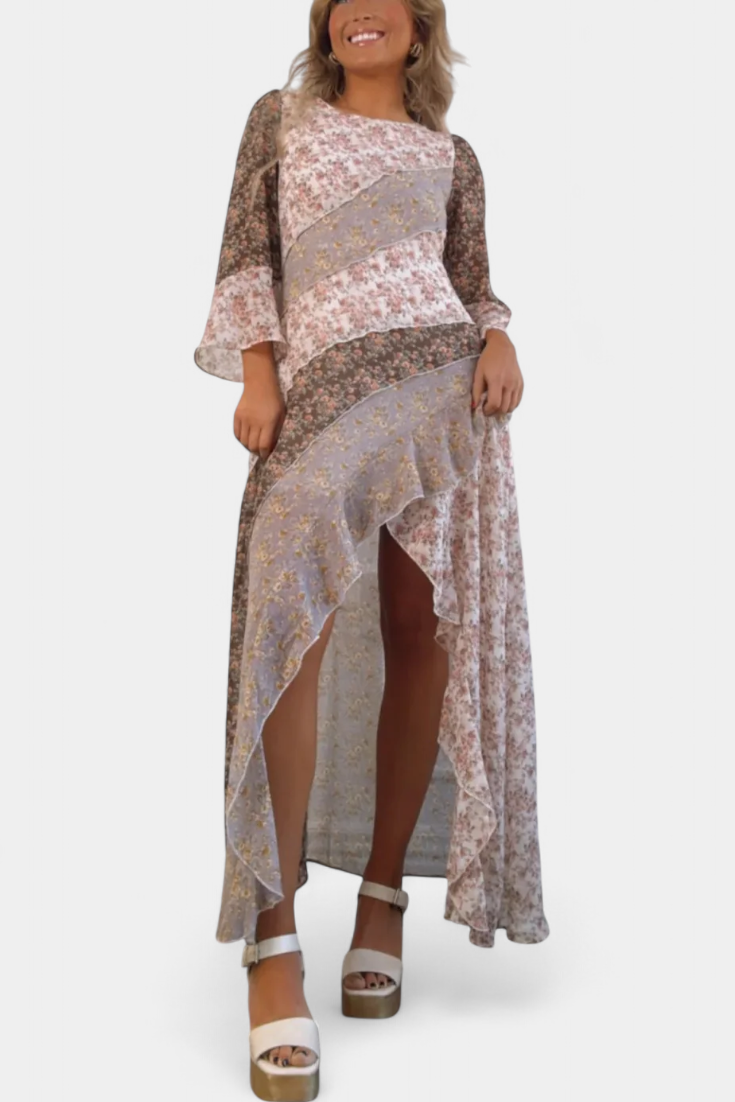 Ruth – Langes florales Kleid für Damen mit 3/4-Ärmeln und Rüschen