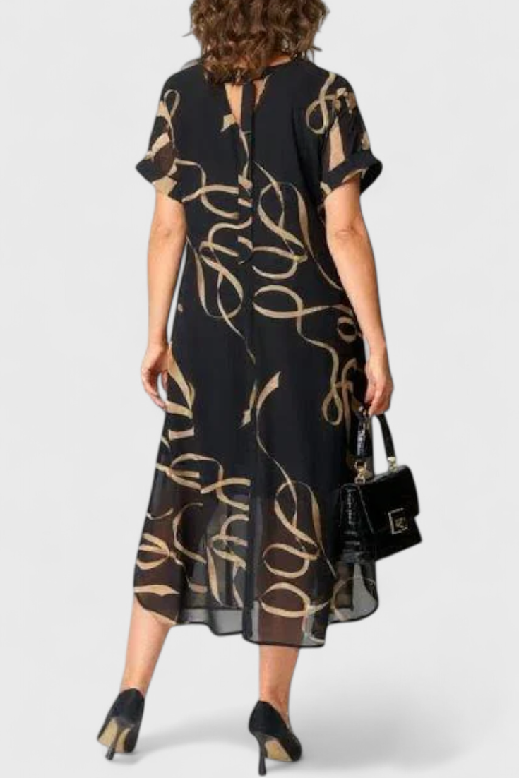 Jillian – Schwarzes Kaftankleid für Damen mit goldenem abstraktem Muster – Ansicht 3