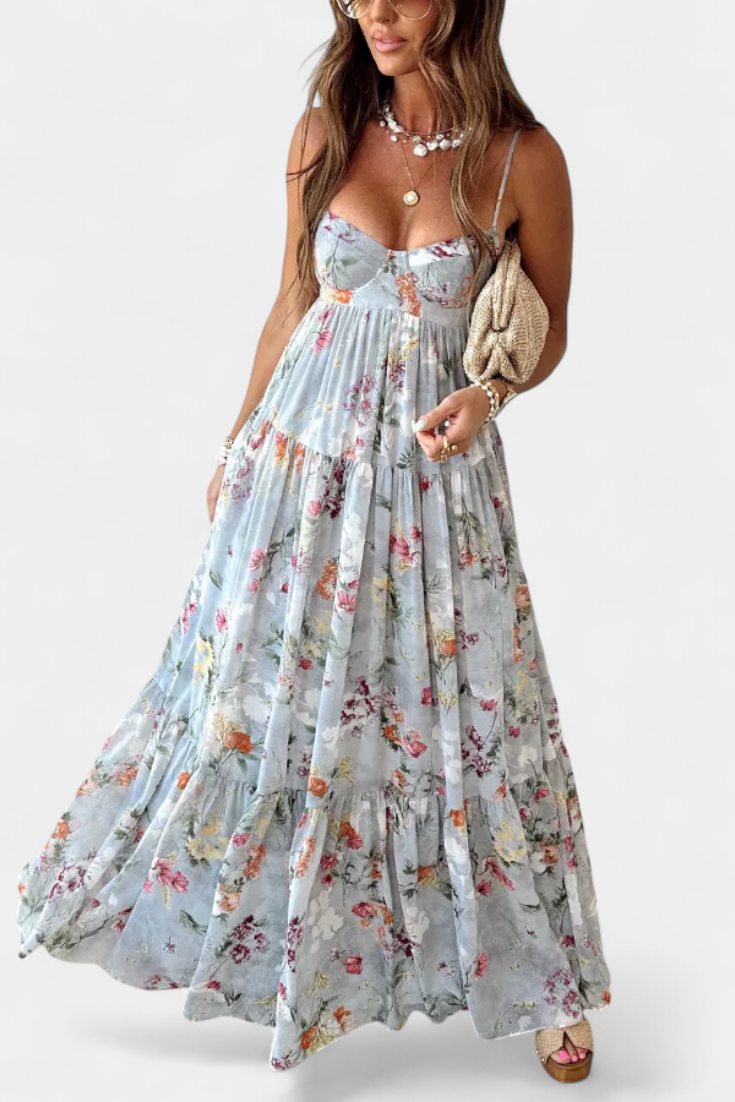 Neha – Florales Kleid für Damen mit offenem Rücken und Spaghettiträgern