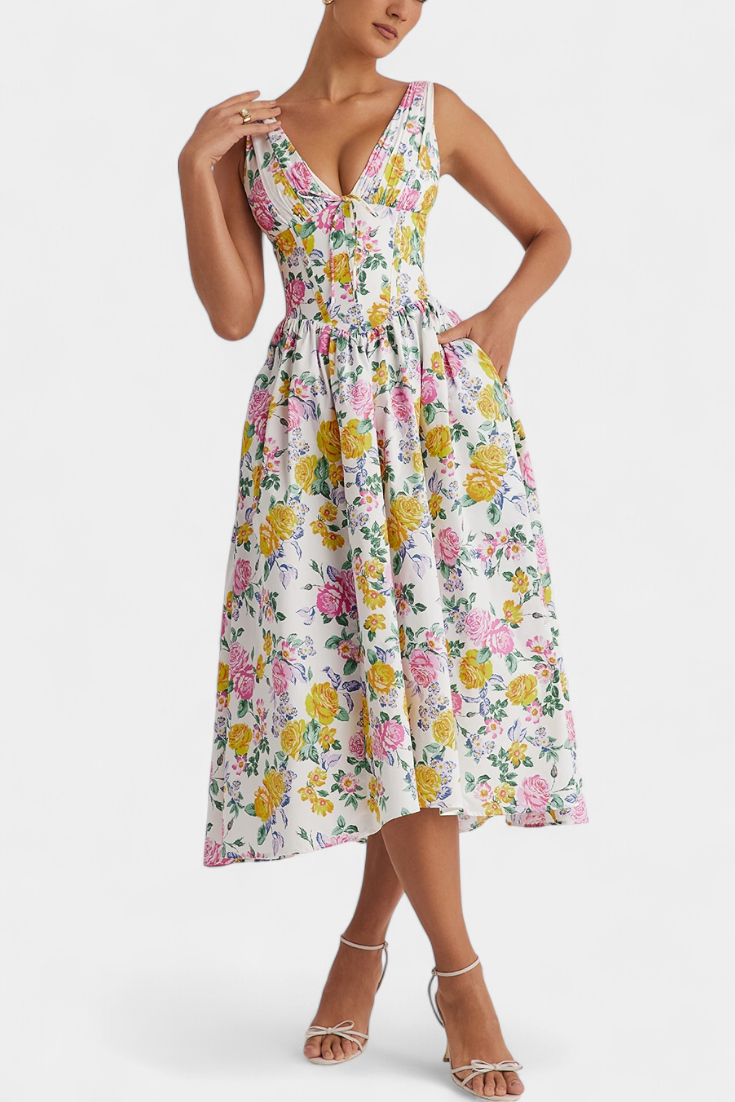 Margie – Midikleid für Damen mit V-Ausschnitt und Blumenmuster