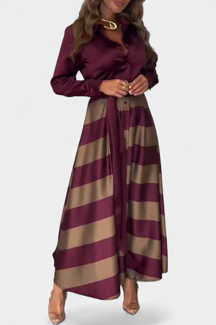 Langes Damen-Hemdblusenkleid Nessia mit Streifen und Gürtel – Ansicht 2