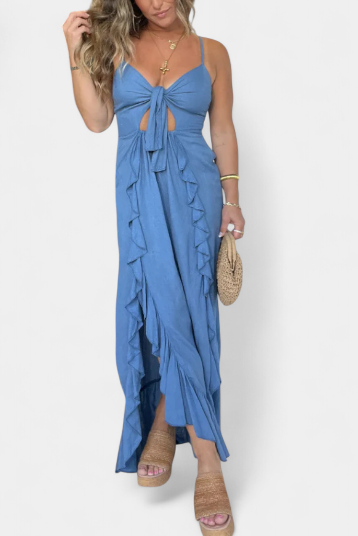 Kailani – Maxikleid für Damen mit Rüschen und Knoten vorne – Ansicht 5